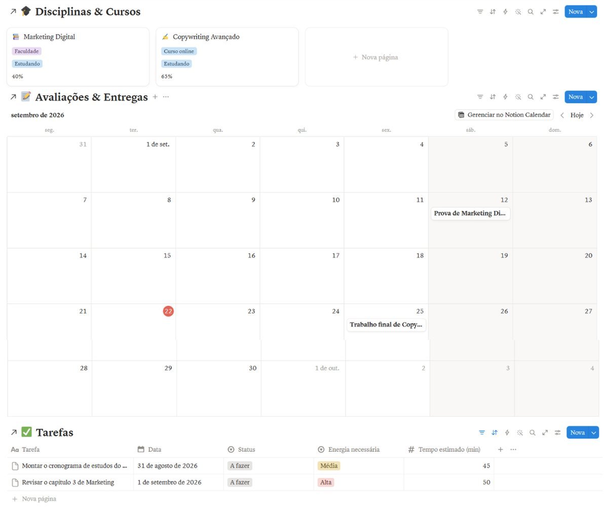 Página Estudos com disciplinas, calendário de provas e entregas e lista de tarefas